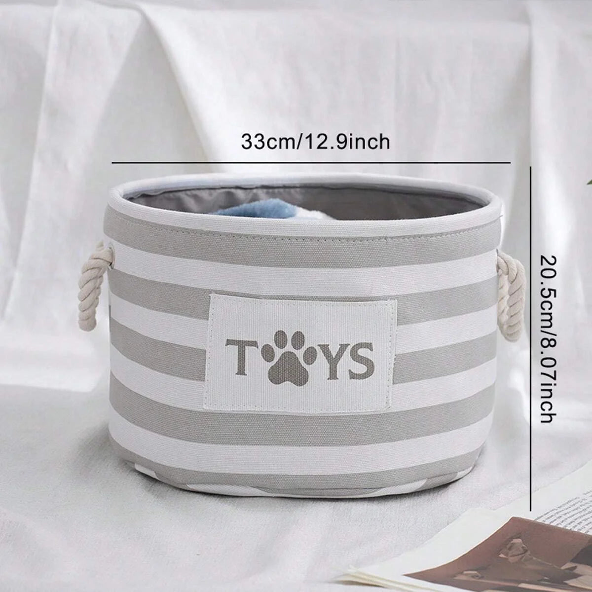 1pc-A foldable striped pet toy basket furvana tmand a dog toy storage box with a woven rope handle