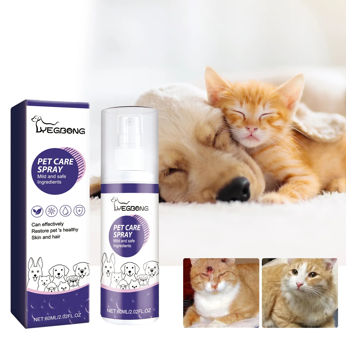 Yegbong 60ml Pet Wound Care  furvana tmCats Dogs Skin Repair Anti Itch Wound Healing Remove Odor Rash Moss Wound Treatment Spray