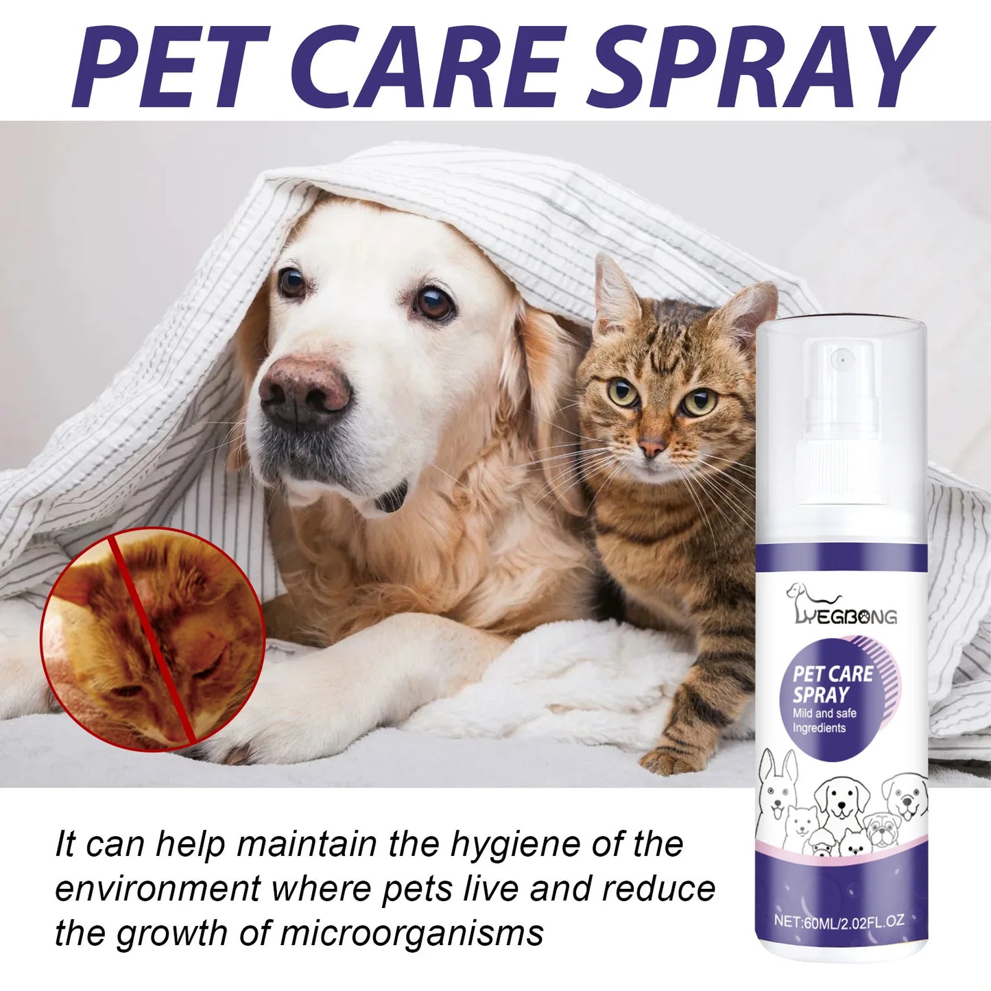 Yegbong 60ml Pet Wound Care  furvana tmCats Dogs Skin Repair Anti Itch Wound Healing Remove Odor Rash Moss Wound Treatment Spray