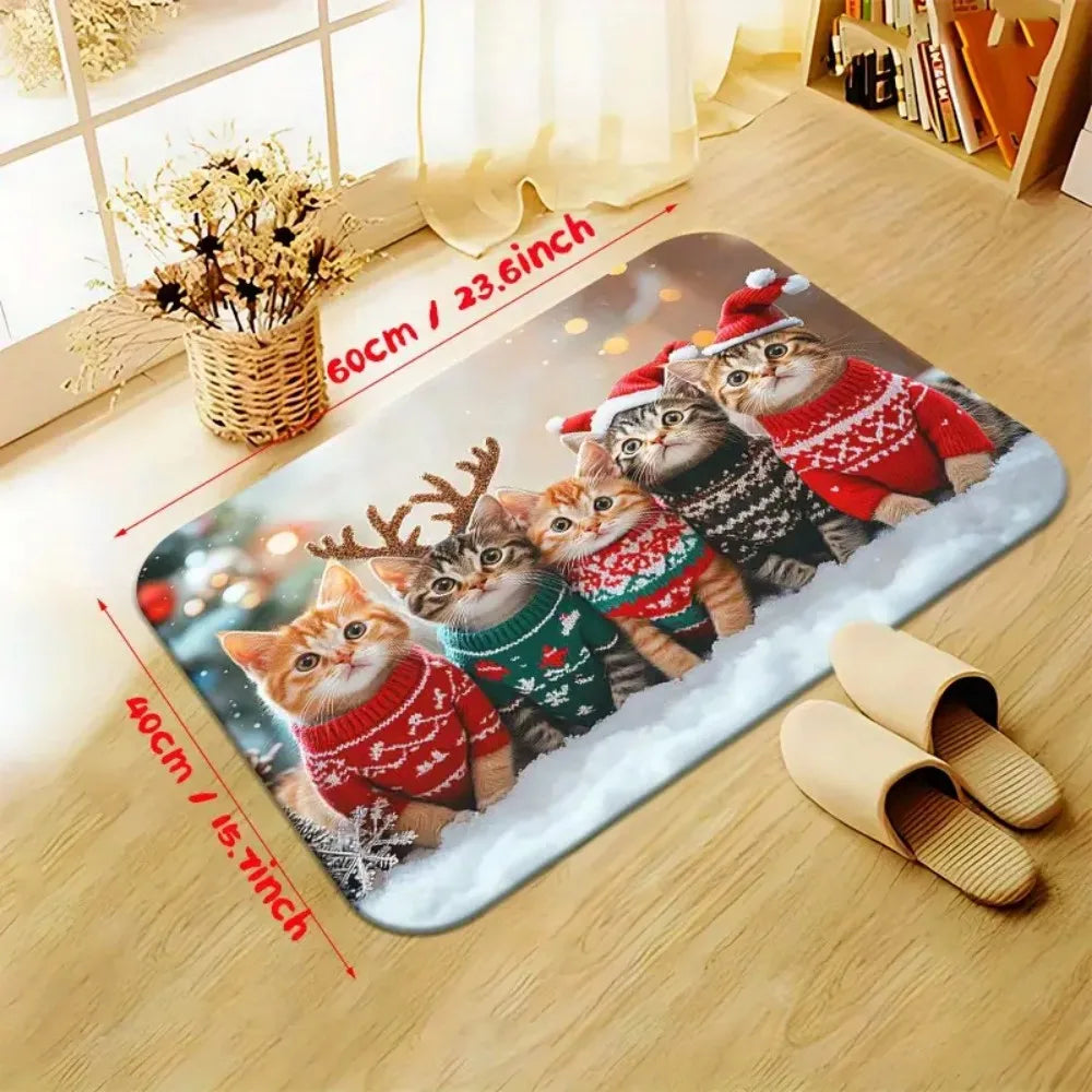 1Pc Christmas Cute Cat Print Doormat, furvana tmNon-Slip Microfiber Polyester Rug Machine Washable For Home Entryway, Bedroom, Living Room