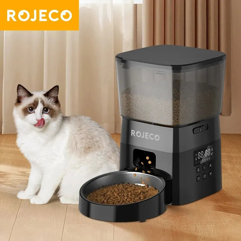 ROJECO Automatic Pet Feeder Button furvana tm Version Auto Cat Food Dispenser Accessories Smart Control Pet Feeder For Cats Dog Dry Food