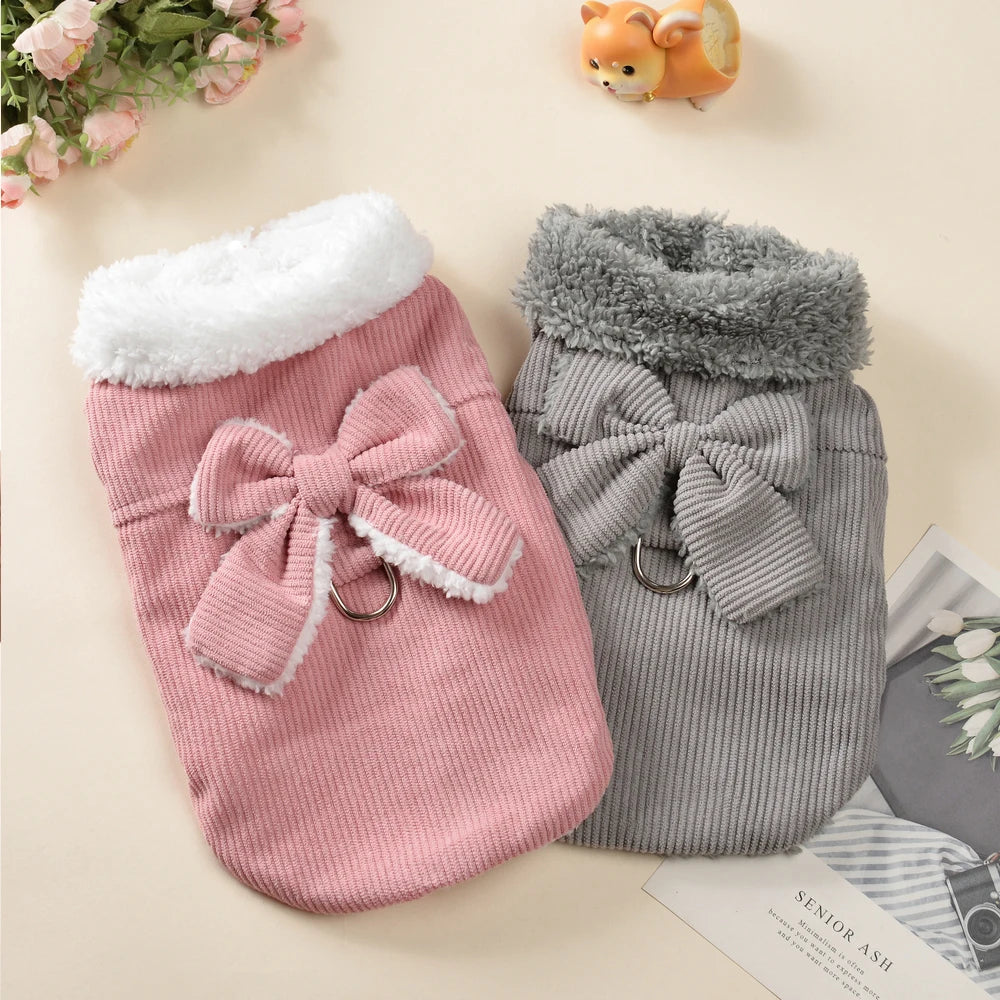 Winter Pet Clothes Cozy furvana tm Thicken Fleece Solid Kitten Sweater For Small Cats Dogs Cute Bow Jacket Coat With D-Ring Sphynx Costume