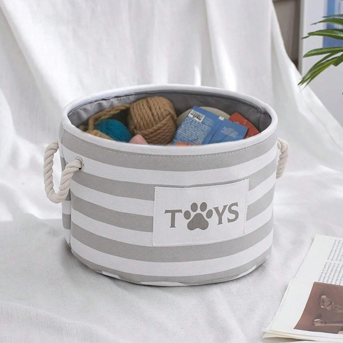1pc-A foldable striped pet toy basket  furvana tmand a dog toy storage box with a woven rope handle