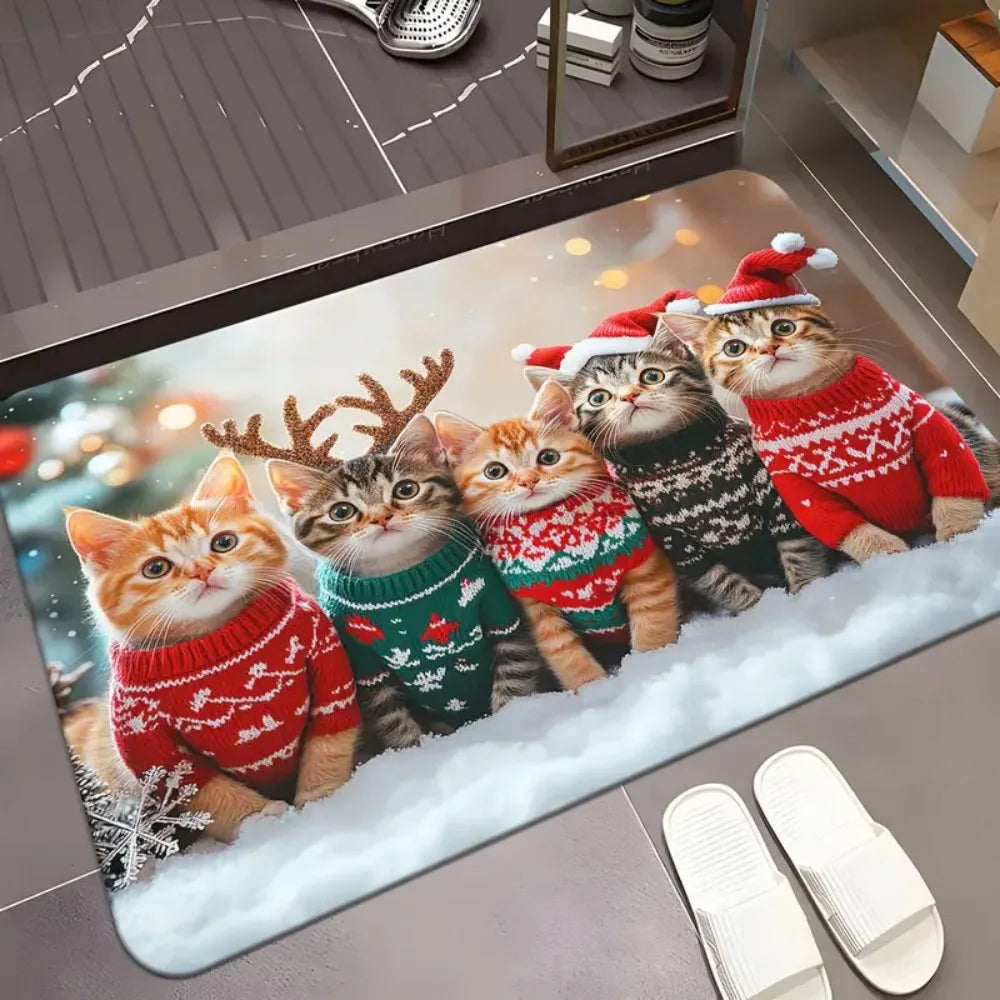 1Pc Christmas Cute Cat Print Doormat, furvana tmNon-Slip Microfiber Polyester Rug Machine Washable For Home Entryway, Bedroom, Living Room