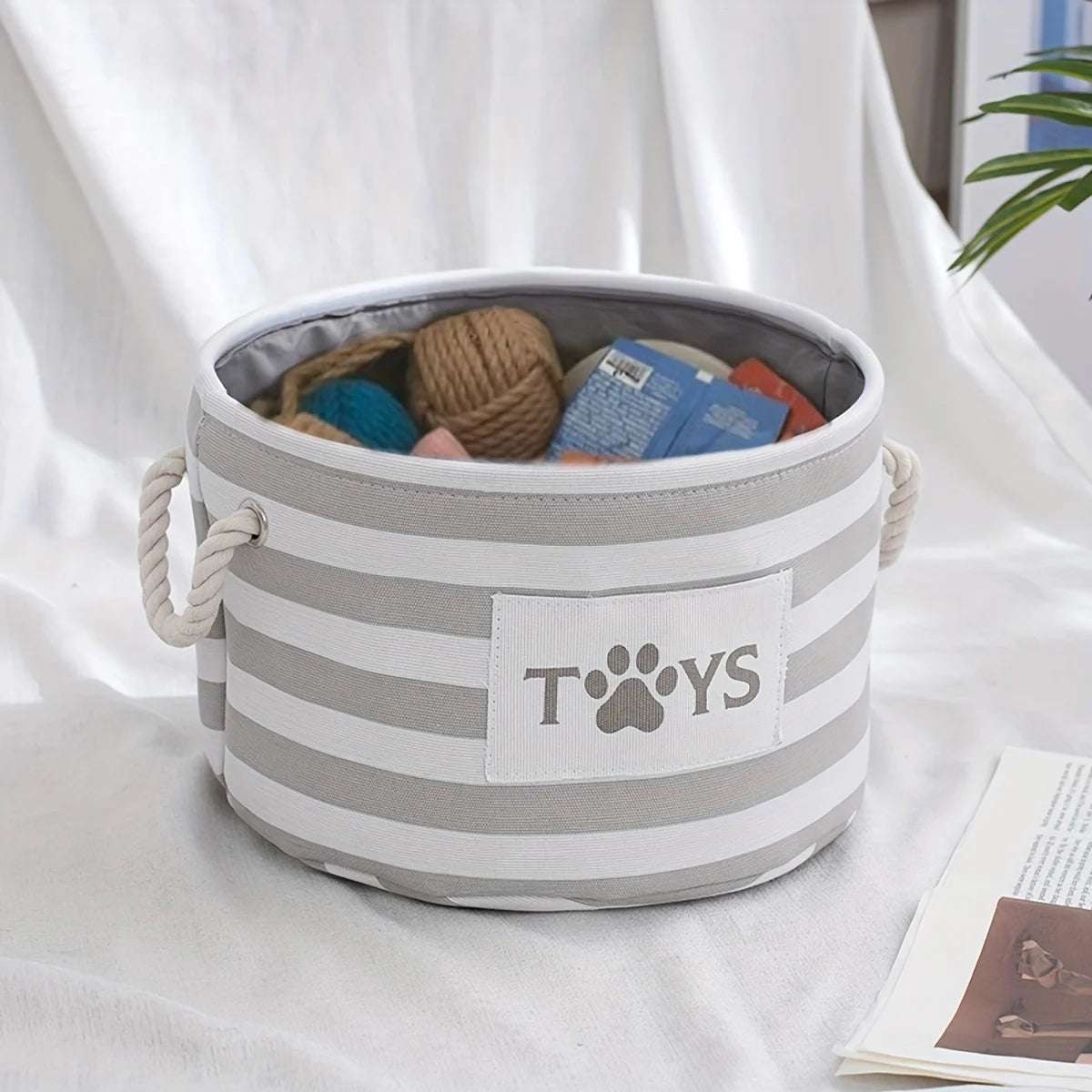 Striped Foldable Pet Toy Basket with furvana tm Woven Rope Handle - Dog Toy Storage Bin for Accessories and Supplies
