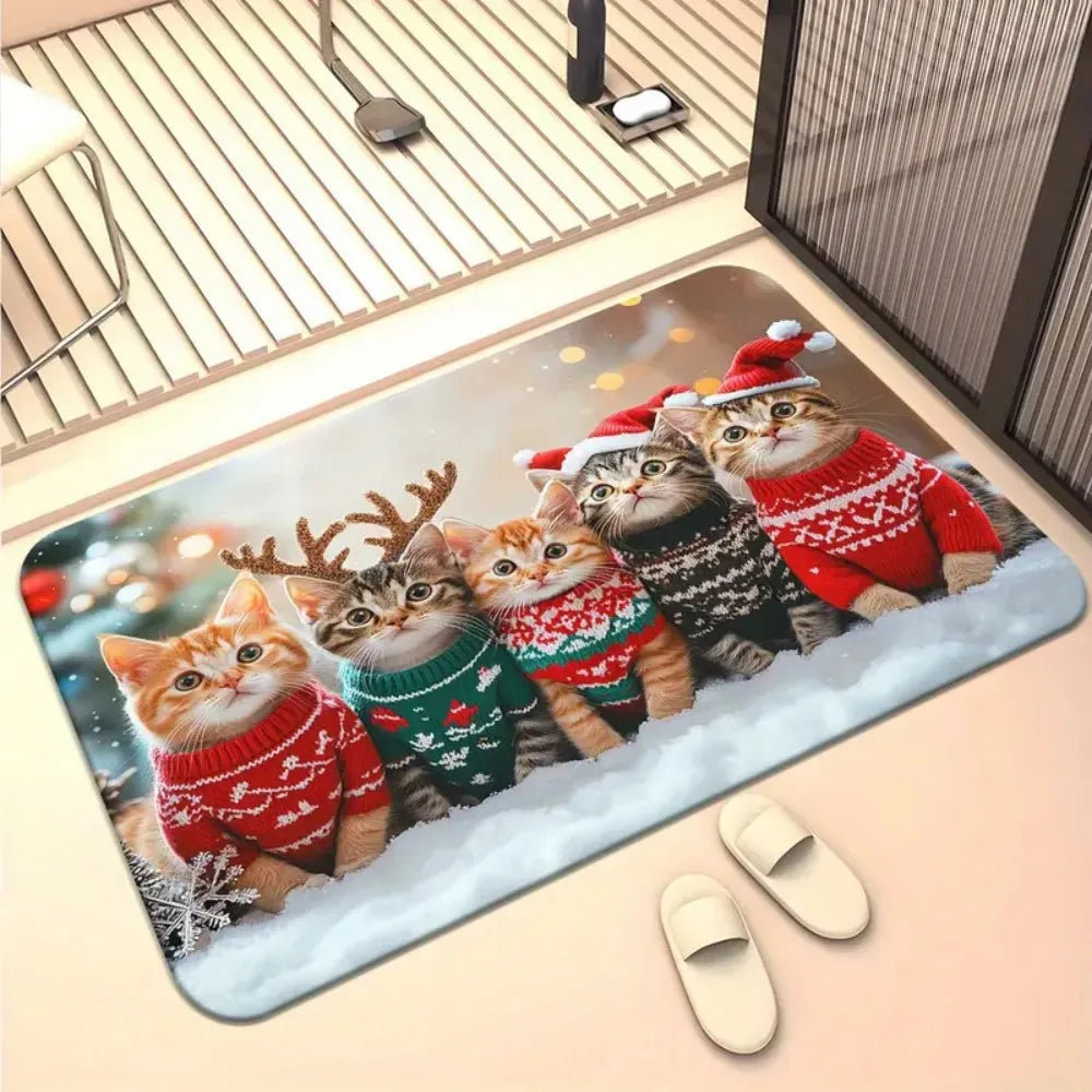 1Pc Christmas Cute Cat Print Doormat, furvana tmNon-Slip Microfiber Polyester Rug Machine Washable For Home Entryway, Bedroom, Living Room