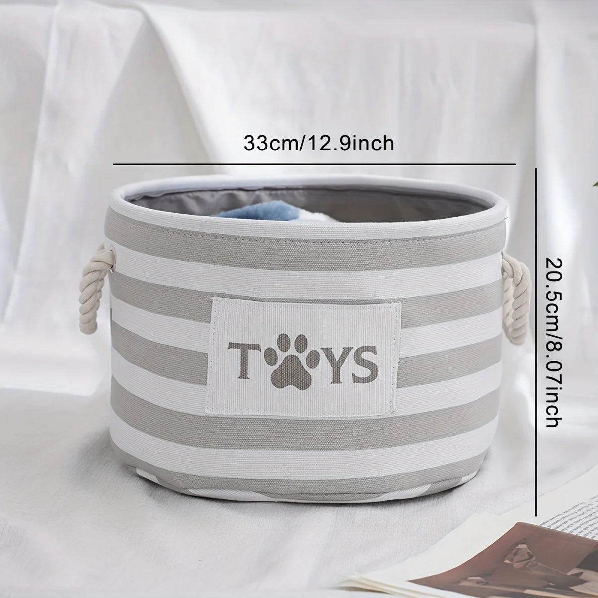 Striped Foldable Pet Toy Basket with furvana tm Woven Rope Handle - Dog Toy Storage Bin for Accessories and Supplies