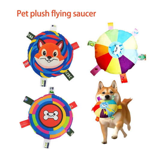 Funny Rainbow Plush furvana tm Flying Saucer Dog Bite Toys Stuffed Raw Small Dog Interactive Training Game Chew Toy Pet Disc Toys with Bell