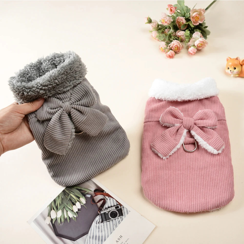 Winter Pet Clothes Cozy furvana tm Thicken Fleece Solid Kitten Sweater For Small Cats Dogs Cute Bow Jacket Coat With D-Ring Sphynx Costume