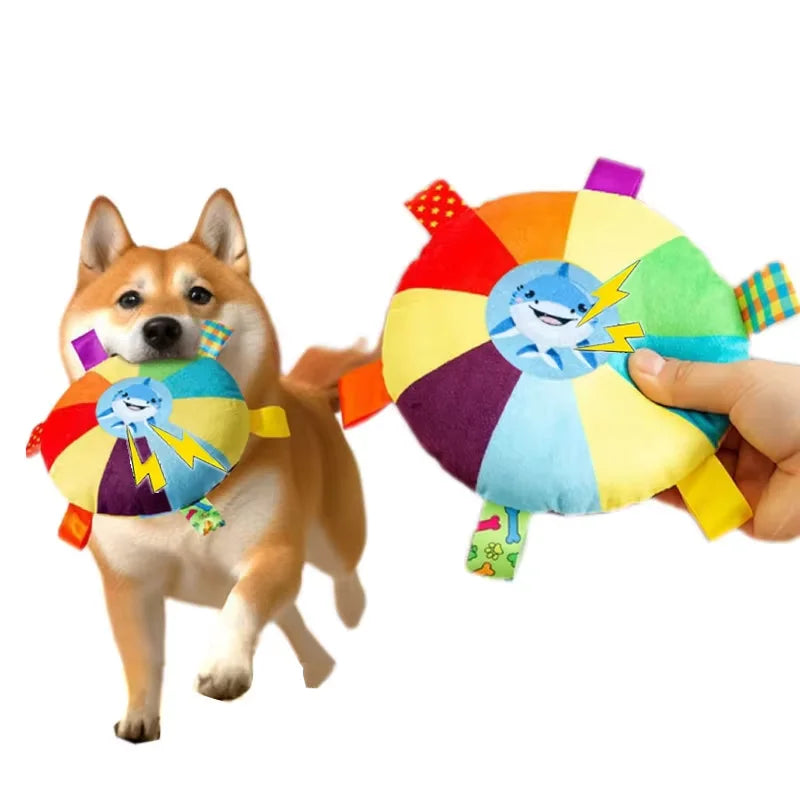 Funny Rainbow Plush furvana tm Flying Saucer Dog Bite Toys Stuffed Raw Small Dog Interactive Training Game Chew Toy Pet Disc Toys with Bell
