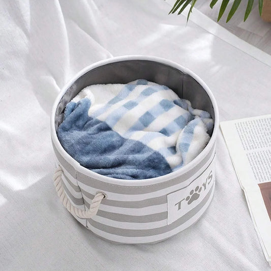 1pc-A foldable striped pet toy basket and a dog toy storage box with a woven rope handle