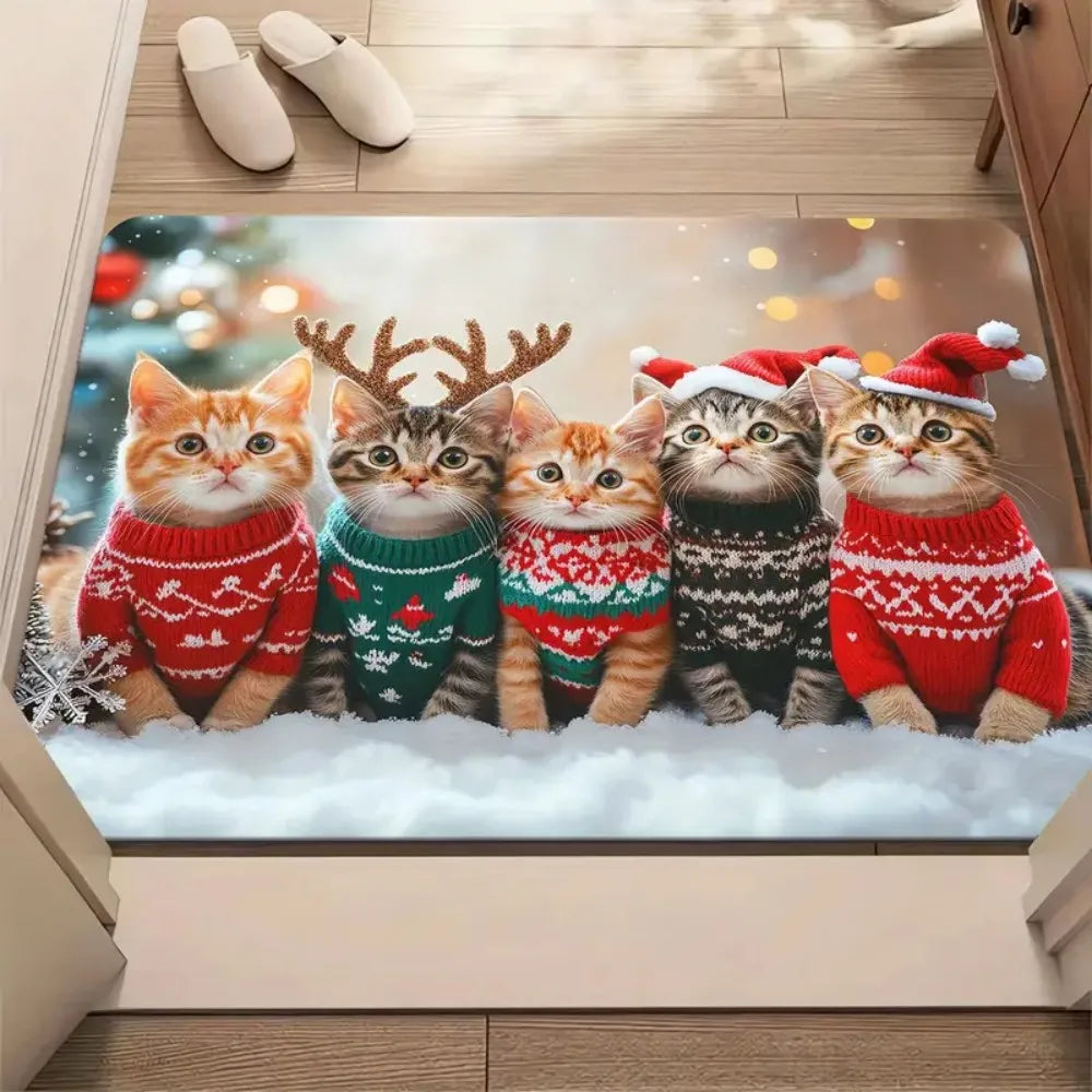 1Pc Christmas Cute Cat Print Doormat, furvana tmNon-Slip Microfiber Polyester Rug Machine Washable For Home Entryway, Bedroom, Living Room