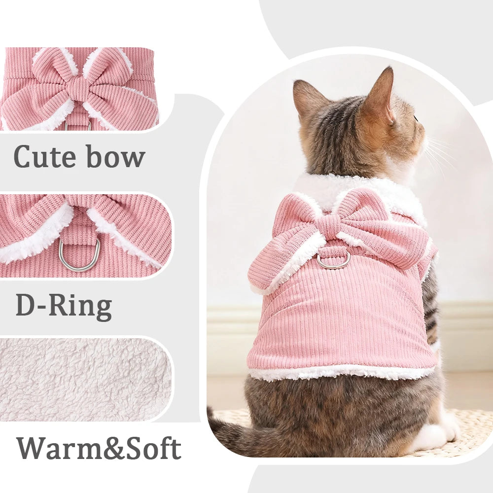 Winter Pet Clothes Cozy furvana tm Thicken Fleece Solid Kitten Sweater For Small Cats Dogs Cute Bow Jacket Coat With D-Ring Sphynx Costume