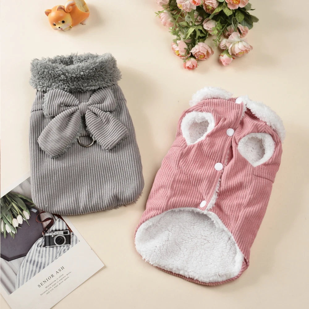 Winter Pet Clothes Cozy furvana tm Thicken Fleece Solid Kitten Sweater For Small Cats Dogs Cute Bow Jacket Coat With D-Ring Sphynx Costume