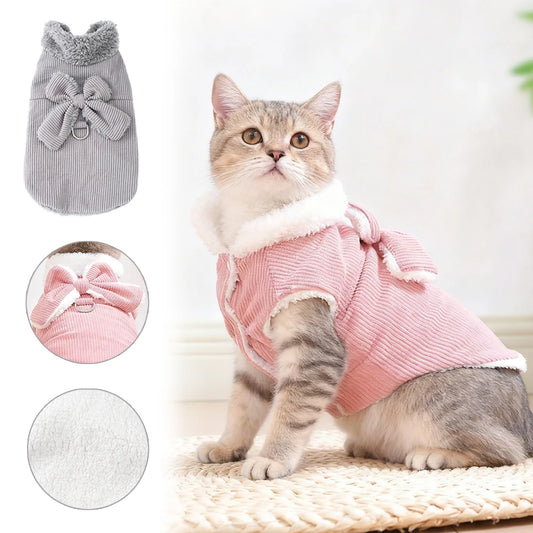 Winter Pet Clothes Cozy furvana tm Thicken Fleece Solid Kitten Sweater For Small Cats Dogs Cute Bow Jacket Coat With D-Ring Sphynx Costume
