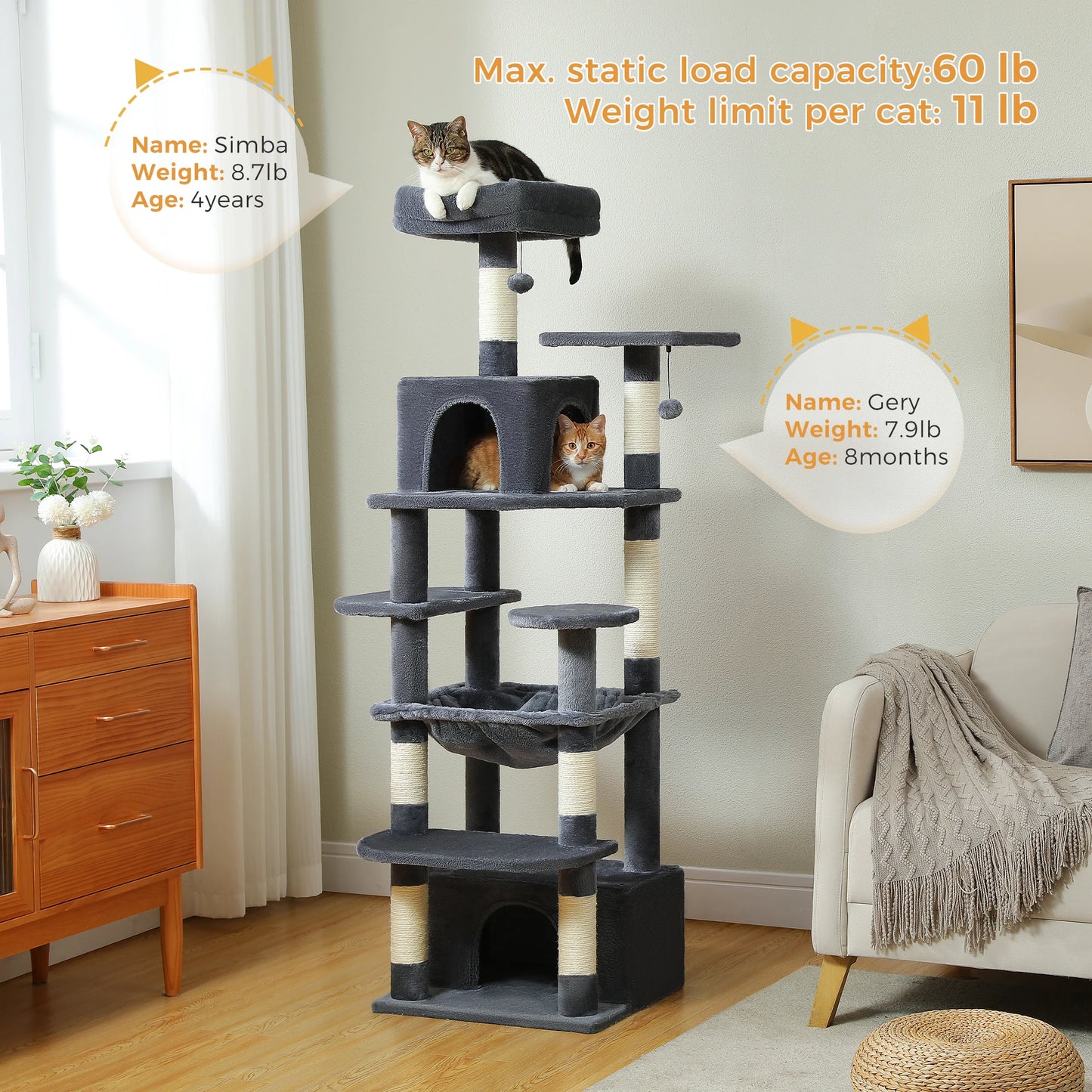 Large Cat Tree and Tower for Indoor Cats furvana tm With Sisal-Covered Scratching Posts Spacious Hammock Padded Perches and Condos Cat Toys