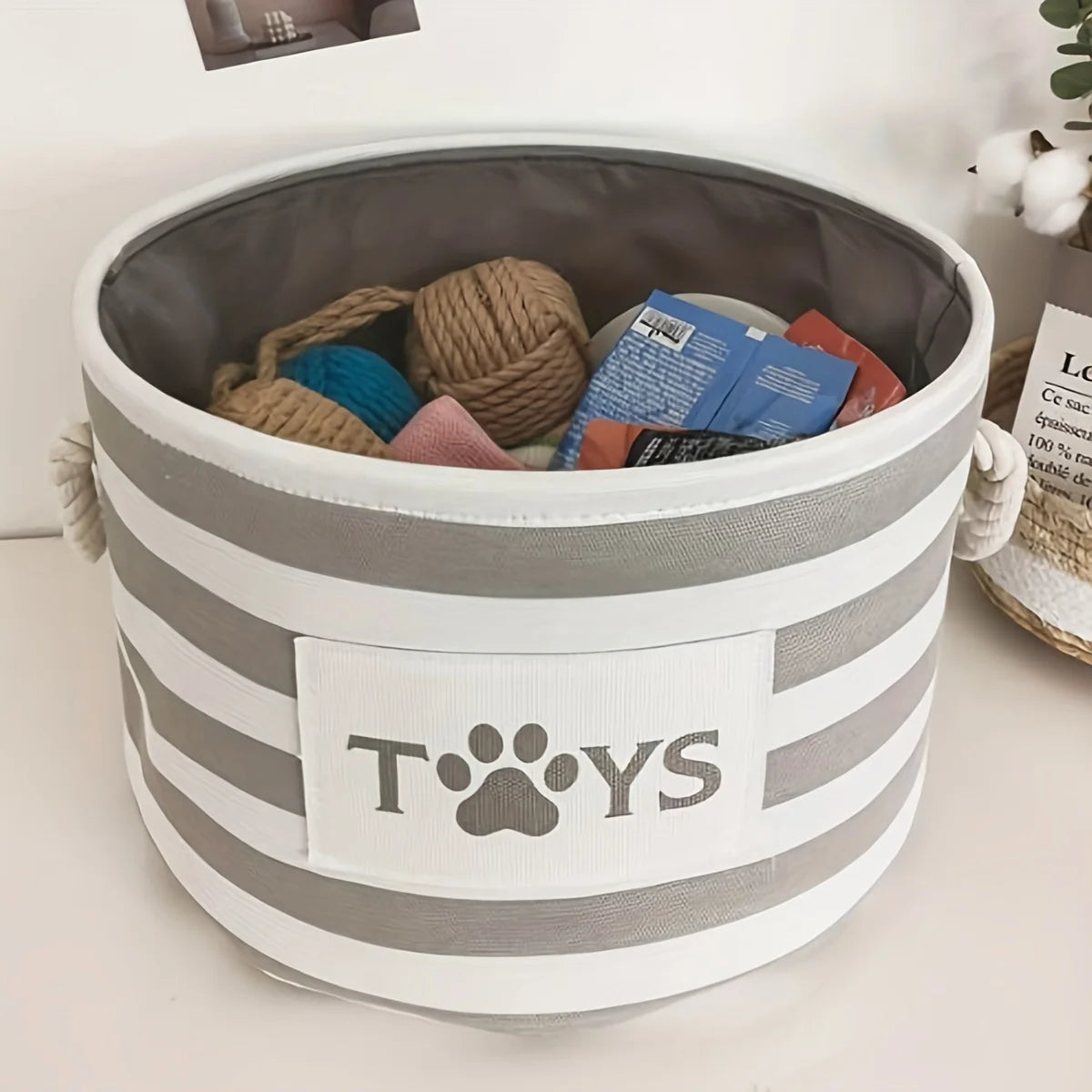 Striped Foldable Pet Toy Basket with furvana tm Woven Rope Handle - Dog Toy Storage Bin for Accessories and Supplies