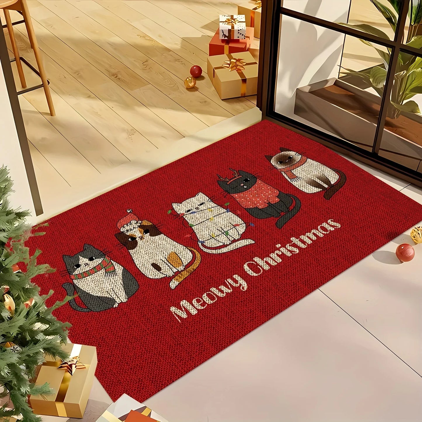VIKAMA Christmas Rug Cartoon Cat Soft furvana tm Plush Rug Entrance Door Mat Kitchen & Bathroom Non-Slip Absorbent Rug Home Decor