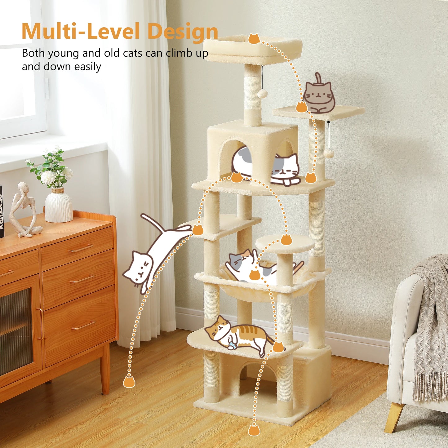 Large Cat Tree and Tower for Indoor Cats furvana tm With Sisal-Covered Scratching Posts Spacious Hammock Padded Perches and Condos Cat Toys