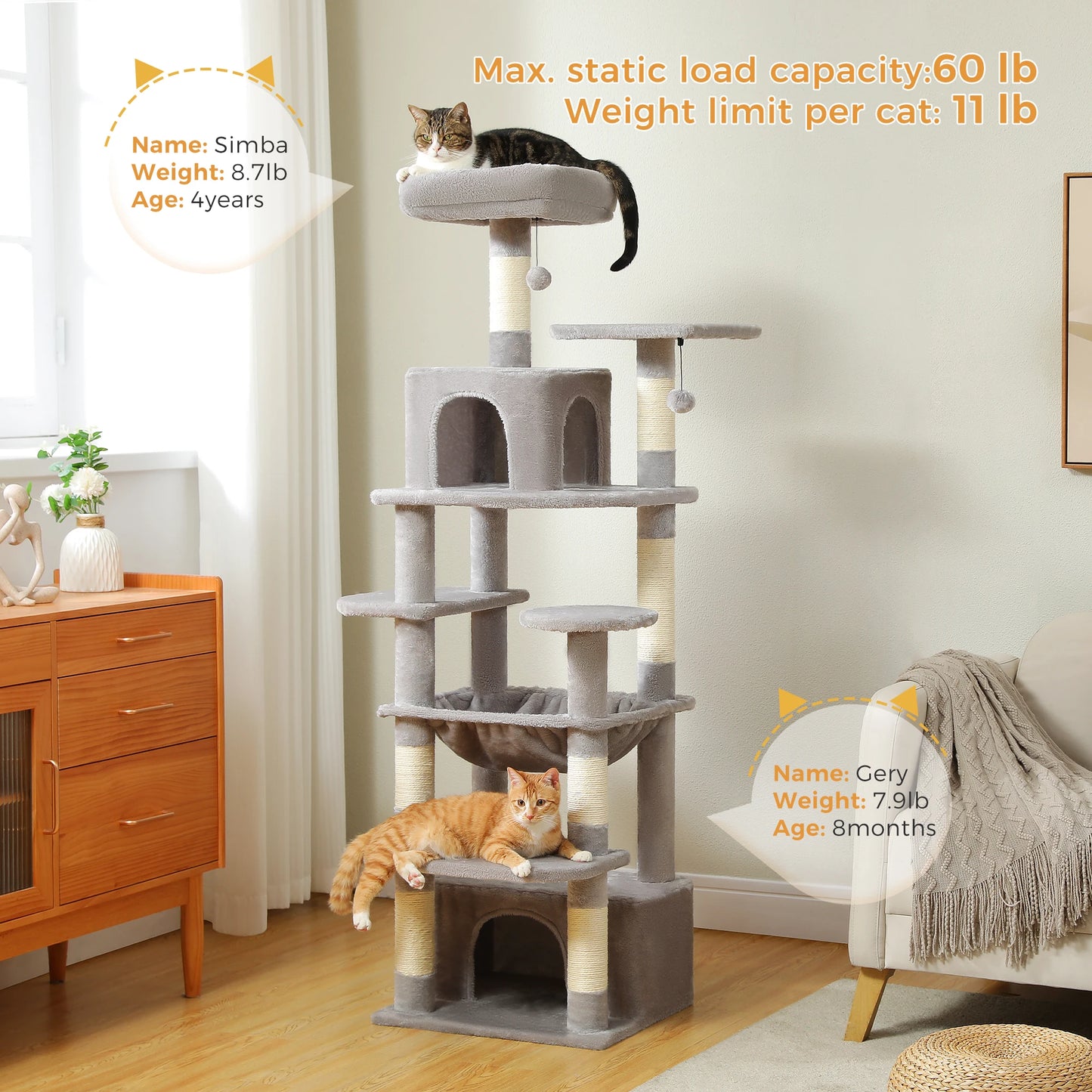 Large Cat Tree and Tower for Indoor Cats furvana tm With Sisal-Covered Scratching Posts Spacious Hammock Padded Perches and Condos Cat Toys