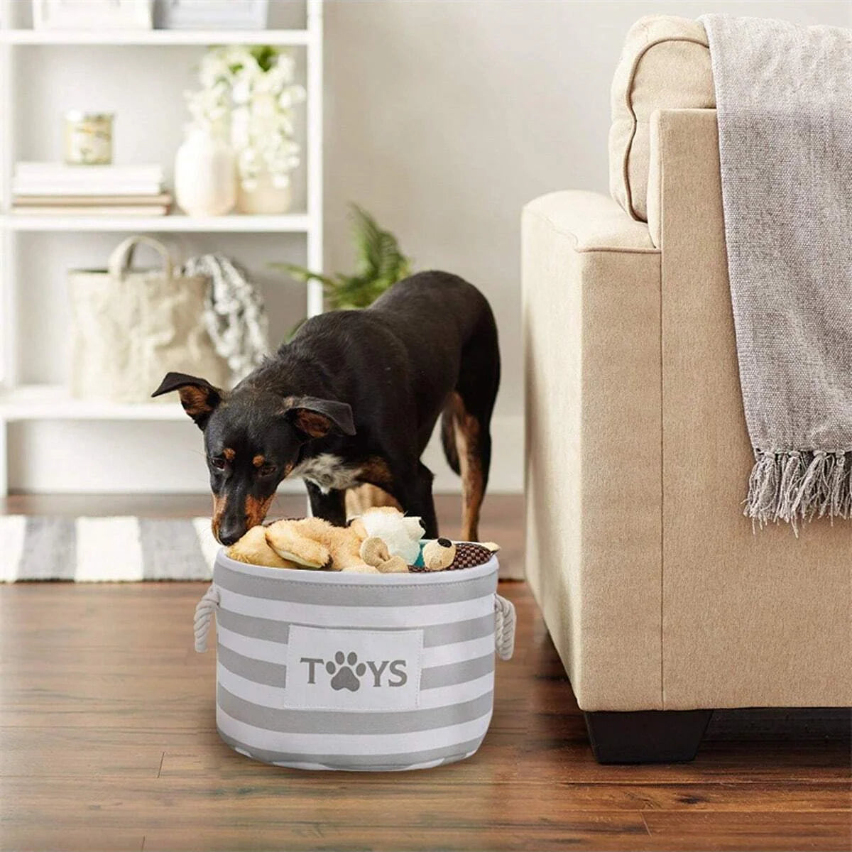1pc-A foldable striped pet toy basket and a furvana tm dog toy storage box with a woven rope handle